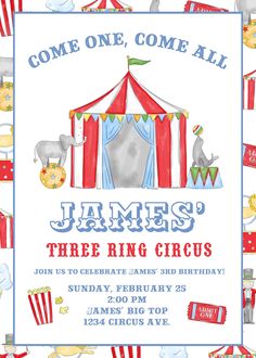 a circus themed birthday party with the name james's three ring circus