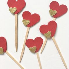 red and gold hearts on toothpicks for valentine's day crafting project