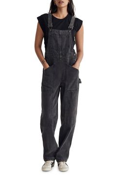 The cut: an update to Madewell's best seller, these oversized overalls are super relaxed with workwear details like knee patches, cuffable hems, a hammer loop and those extra side pockets (for a measuring tape, nails or, you know, a phone). Square neck Adjustable buckle straps; side button closures Chest patch pocket; front slant pockets; back patch pockets 100% cotton Machine wash, tumble dry Imported Fall Shortalls With Bib Front And Pockets, Fall Shortalls Overalls With Pockets, Utility Overalls With Patch Pockets For Fall, Fall Relaxed Fit Shortalls With Pockets, Cotton Shortalls For Workwear In Fall, Utility Overalls With Patch Pockets And Bib Front, Utility Overalls With Patch Pockets, Washed Black Denim Overalls With Pockets, Denim Overalls With Pockets In Washed Black