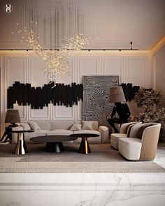 an elegant living room with modern furniture and chandelier