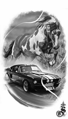 a mustang with a horse running behind it