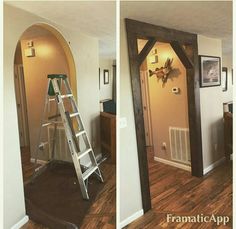 two pictures of a room with a ladder in the middle and an open door to another room