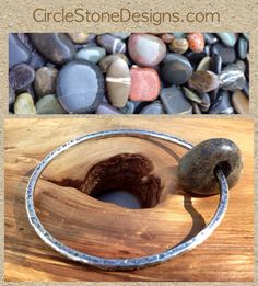 a wooden table topped with rocks and a metal object