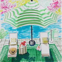 a drawing of two lawn chairs and an umbrella in front of a body of water