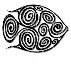 a black and white drawing of a fish with spirals on it's side