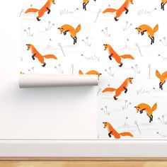 a wallpaper with an image of a fox on it's side and a white background