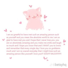 a pink cat with hearts on it's chest and the words i am so grateful to have met such an amazing person