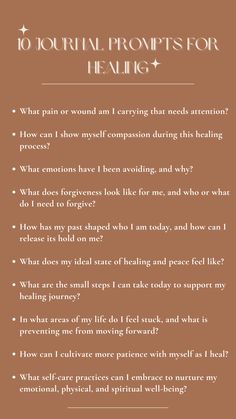 Embark on a transformative journey of self-healing with these 10 powerful journal prompts. Designed to guide you through the process of emotional recovery, these prompts encourage reflection, forgiveness, and personal growth.  #healing #journalprompts #reflection #personaldevelopment Closure Journal Prompts, Journal Prompts For Personal Development, Buddhist Journal Prompts, Journal Healing Prompts, Postpartum Journal Prompts, Recovery Journaling Prompts, Self Growth Journal Prompts, Journaling Prompts For Healing, Recovery Prompts