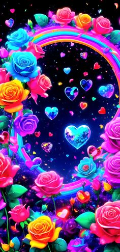 colorful roses and hearts are floating in the air with a rainbow - colored frame around them