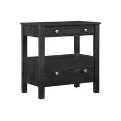 a black night stand with two drawers on one side and gold knobs on the other