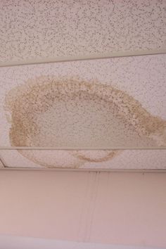 moldy ceiling in the corner of a room with white walls and brown spots on it