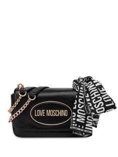 black/white faux leather grained texture attached scarf logo lettering sliding chain-link shoulder strap foldover top with magnetic fastening main compartment full lining gold-tone hardware Black Wallet On Chain With Gold-tone Logo, Designer Crossbody Wallet On Chain With Gold-tone Hardware, Black Mini Bag, Moschino Heart Bag, Moschino Crossbody Bag, Black Wallet With Gold-tone Hardware Crossbody, Fendi Wallet On Chain, Black Leather Crossbody Bag, Printed Silk Scarf