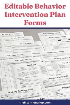 a table with several forms on it and the words, editable behavior intervention plan forms