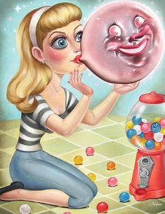 a painting of a girl blowing gumball machine