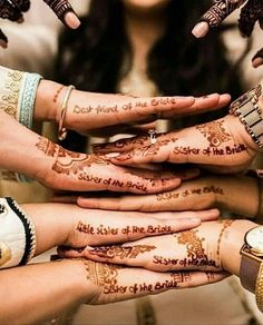 many hands with hendi designs on them are stacked up in a circle and the words god friend of the bride written on their palms