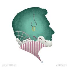 a man's head with music notes and a fishing hook hanging from his ear