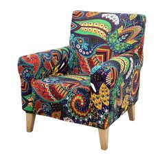 an upholstered colorful chair with wooden legs and arms, decorated in paisley fabric