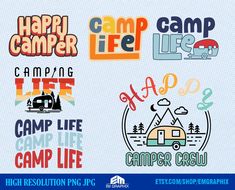 the camper life logo is shown in four different colors and font styles, including one for