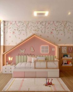 a bedroom with pink and white decor on the walls, bed in the center, dresser at the end