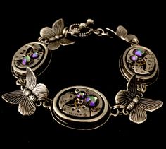 Antique Silver Butterfly Bracelet Steampunk Jewelry Bracelet - In the Works - Steampunk watch parts charm bracelet Steampunk Bracelet, Butterfly Charm Bracelet, Steampunk Watch, Steampunk Earrings, Beautiful Watch, Antique Watches, Butterfly Bracelet, Watch Parts, Steampunk Jewelry