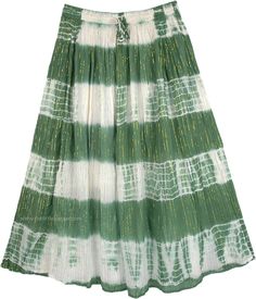 Summer Cotton Tie Dye Skirt with Tinsel - A beautiful chalet green and white tie dye with golden tinsel make this is a unique summer skirt. Perfect for winter giving way to spring and summer! It is accented by golden tinsel streaks throughout the length of the skirt which give it a slight sparkle. This skirt has a relaxed fit, easy and unstructured, with carefree movement. A perfect alternative to jeans on a sunny day, wear it will a sexy cami and look fresh and cool. The fabric has a slight cri Green Festive Skirt For Summer, Green Festive Summer Skirt, Festive Green Summer Skirt, White Festive Skirt For Spring, Bohemian Tunics, Boho Tie Dye, Boho Skirts, Bridesmaid Outfit, Green Outfit