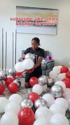 a woman sitting on a couch surrounded by red, white and silver balloons with the words subscribe like share & follow for more