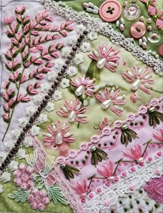 a close up of a piece of cloth with flowers on it and buttons in the background