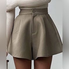 Details: Occasion: Casual Category: Bottoms Composition: 94% Polyester, 6% Elastane Size & Fit: Measured In Size S Waist:27.6" Inseam:15.0" Hip:44.9" Fit:Fitted Stretch:Low Stretch Measurements Located In Photos. Trendy Beige Short Length Bottoms, High-waisted Khaki Shorts For Work, Khaki Short Length Cargo Pants, Trendy Short Length Solid Color Pants, Elegant Short Length Solid Color Bottoms, Chic Solid Color Short Bottoms, Trendy Fitted Wide-leg Shorts, Fitted Short Length Solid Color Pants, Short Length Fitted Solid Color Pants