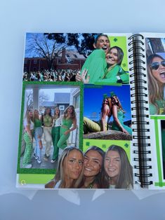 an open photo book with pictures of people in green and white on the pages,