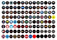 a large collection of car emblems in various colors and sizes, all with different logos