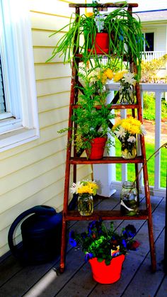 a wooden ladder filled with potted plants on a porch