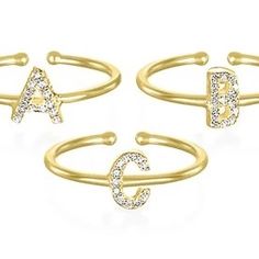 The latest design to our diamond initial collection is here!  Delicate and sparkly initial rings in 14k gold dipped sterling silver.  Wear a single letter or stack up a few for all your loved ones.  Our initial rings are adjustable and comfortably fit ring sizes 6-9.  SI2 G colored diamonds, 14k gold vermeil. Adjustable Stackable Initial Open Ring, Trendy Adjustable Initial Open Ring, Trendy Gold Initial Ring For Anniversary, Adjustable Gold Initial Ring With Monogram, Adjustable Gold Monogram Initial Ring, Adjustable Monogram Open Ring Jewelry, Initial Rings, Gold Initial Ring, August Birthstone Ring