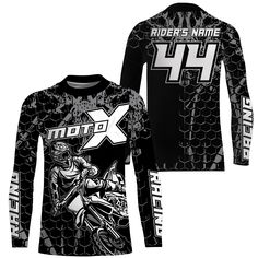 a black and white shirt with an image of a motorcycle rider on it