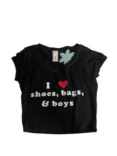 "I <3 shoes, bags, & boys"- made with white and red vinyl- 100% cotton cropped fitted tee Sporty Logo Print Crop Top For Summer, Spring Cotton Cropped T-shirt With Logo Print, Spring Cropped Cotton T-shirt With Logo Print, Spring Logo Print Cropped Cotton T-shirt, Summer Cropped T-shirt With Logo For Streetwear, Logo Print Cropped T-shirt For Summer Streetwear, Summer Streetwear Crop Top With Logo Print, Trendy Cropped T-shirt With Logo For Streetwear, Spring Cropped T-shirt With Logo For Streetwear