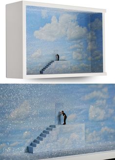 two pictures of people standing at the top of stairs, with clouds in the background