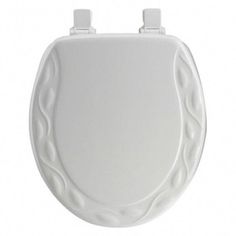 a white toilet seat with two handles on the side and an oval shaped cover over it