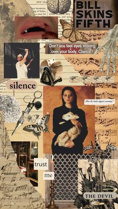 a collage of images with words and pictures on them, including an image of a woman's face