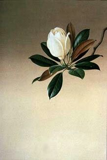 a painting of a white flower with green leaves