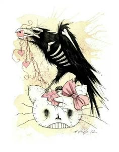 a drawing of a cat with a skeleton on it's head and a bird perched on top of it