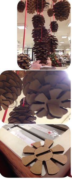 pine cones are hanging from the ceiling in different stages of being made with wood chips