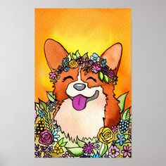 a painting of a corgi with flowers on it's head and tongue sticking out