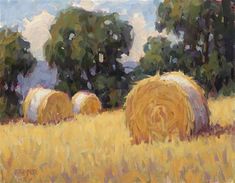 a painting of hay bales in a field