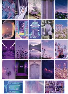 the collage has many different pictures on it, including purple and blue colors with white accents