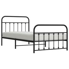 a metal bed frame with white sheets and black iron headboard on an isolated white background