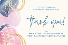 a thank card with watercolor circles and the words, thank you