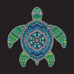 a sea turtle made up of many different colors and shapes on a black background with dots