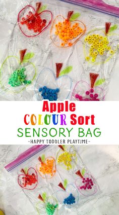 an apple color sort activity bag for toddlers to make with beads and plastic straws