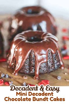 three chocolate bundt cakes sitting on top of a table