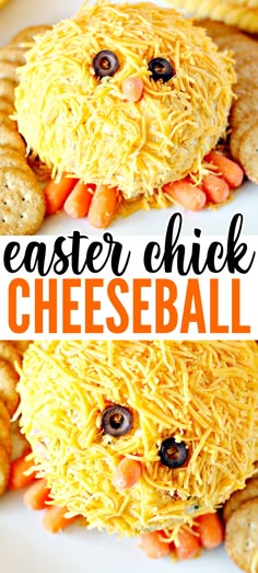 an easter chick cheeseball sandwich with carrots and crackers in the background, on a white plate