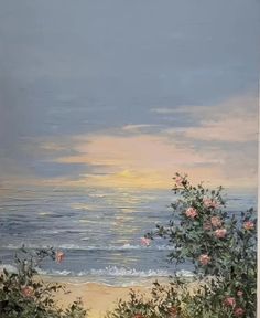 an oil painting of the ocean with roses growing out of it